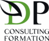 Logo DP Consulting Formation, lettres verte et noire avec motif feuille.