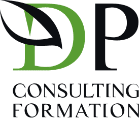 Logo DP Consulting Formation : Expert en Conseil Pro Logo DP Consulting Formation, lettres verte et noire avec motif feuille.